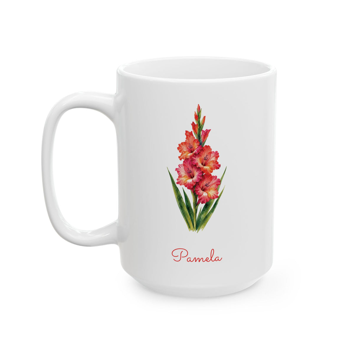 Gladiolus birth flower personalized ceramic mug, 15oz, left side view.