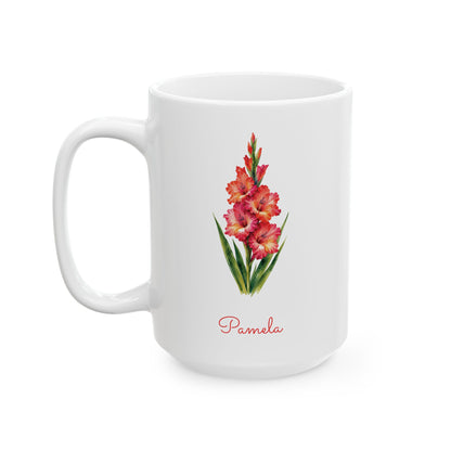 Gladiolus birth flower personalized ceramic mug, 15oz, left side view.