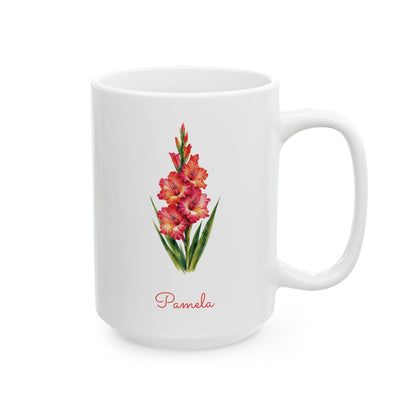 Gladiolus birth flower personalized ceramic mug, 15oz, right side view.