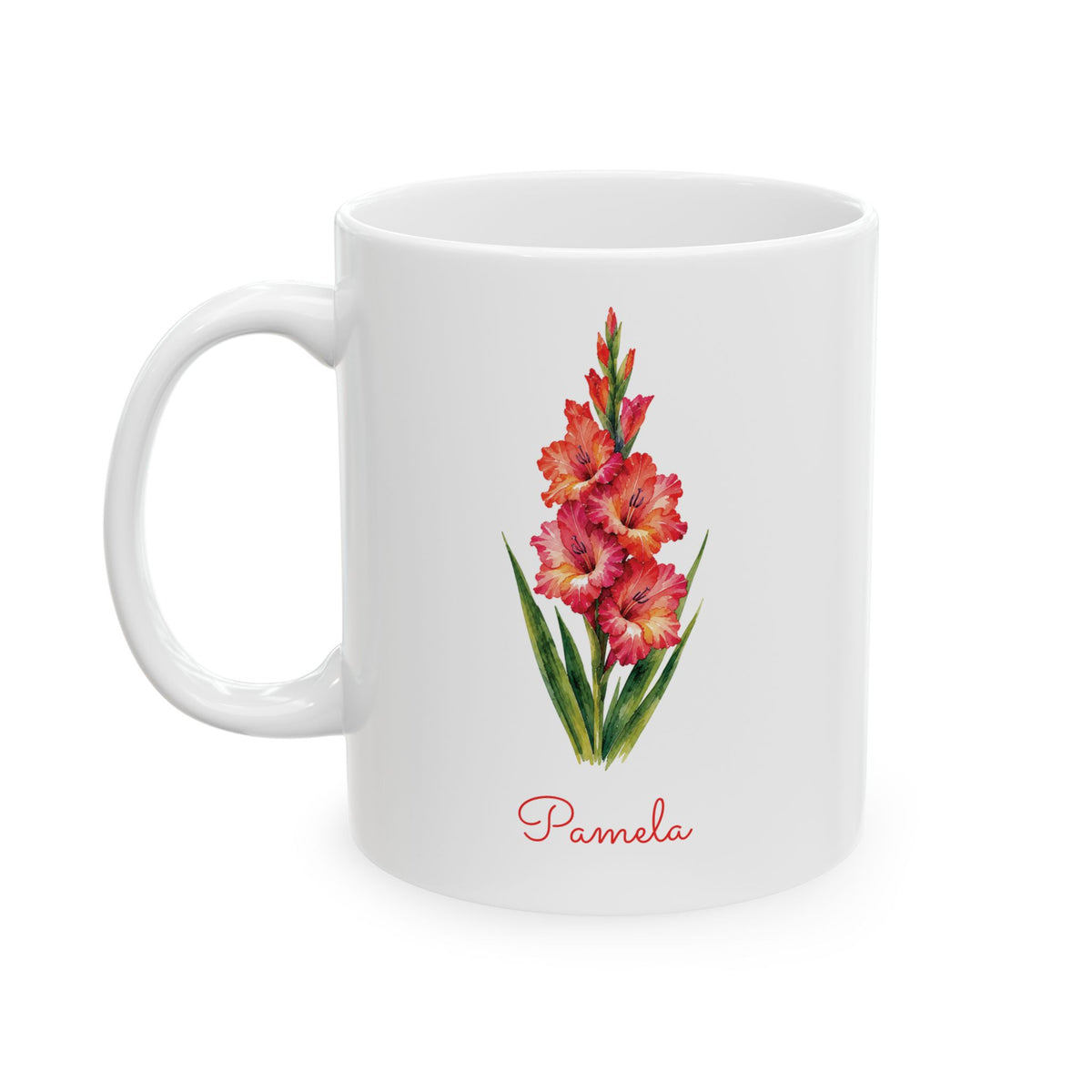 Gladiolus birth flower personalized ceramic mug, 11oz, left side view.