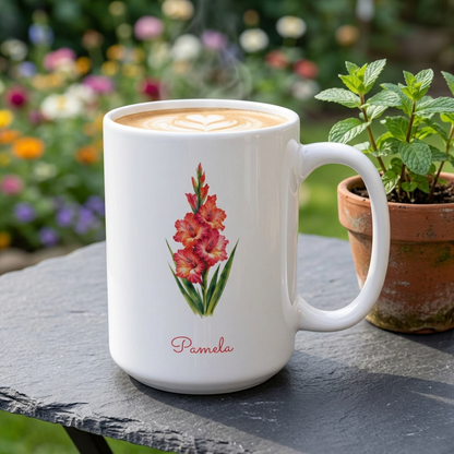 Gladiolus birth flower personalized ceramic mug, styled on a stone garden table with potted herb and flowers in the background