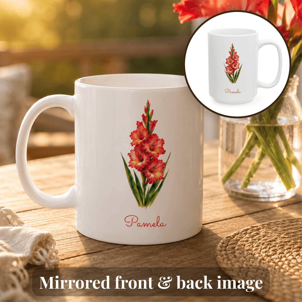 Gladiolus birth flower personalized ceramic mug. Circular inset shows the other side of the mug with mirrored flower image.