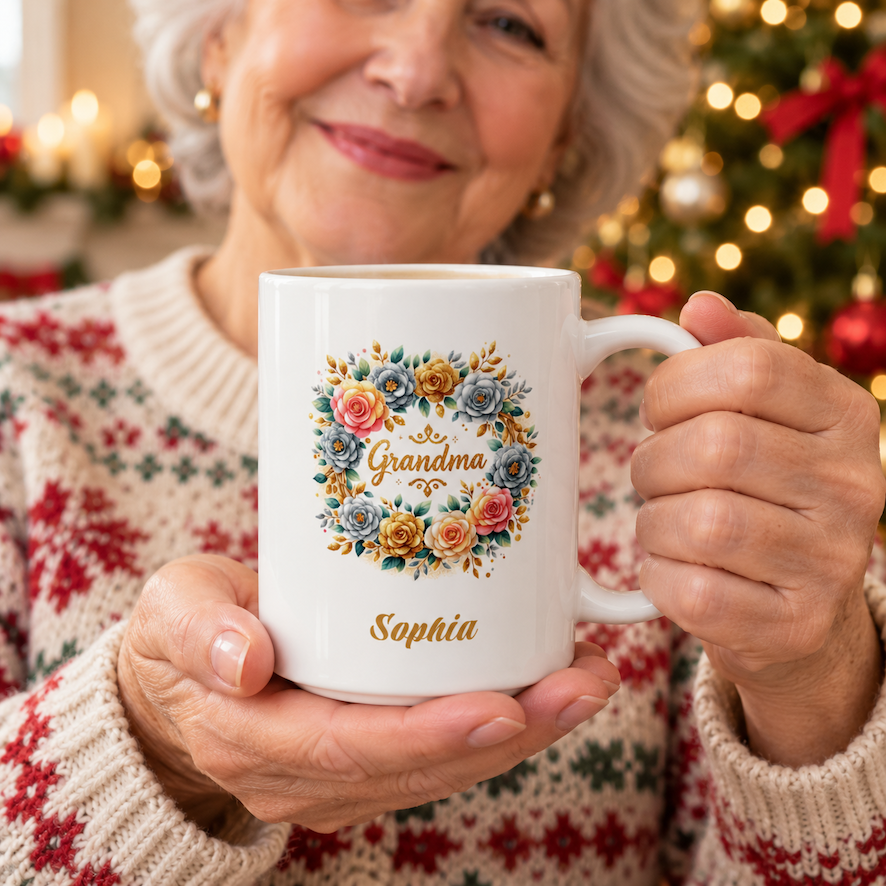 An older woman in a festive red and green sweater holds a white ceramic 15oz mug with a colorful floral wreath design and the names 'Grandma' and 'Sophia' printed on it. The background shows a softly blurred Christmas tree with warm lights.