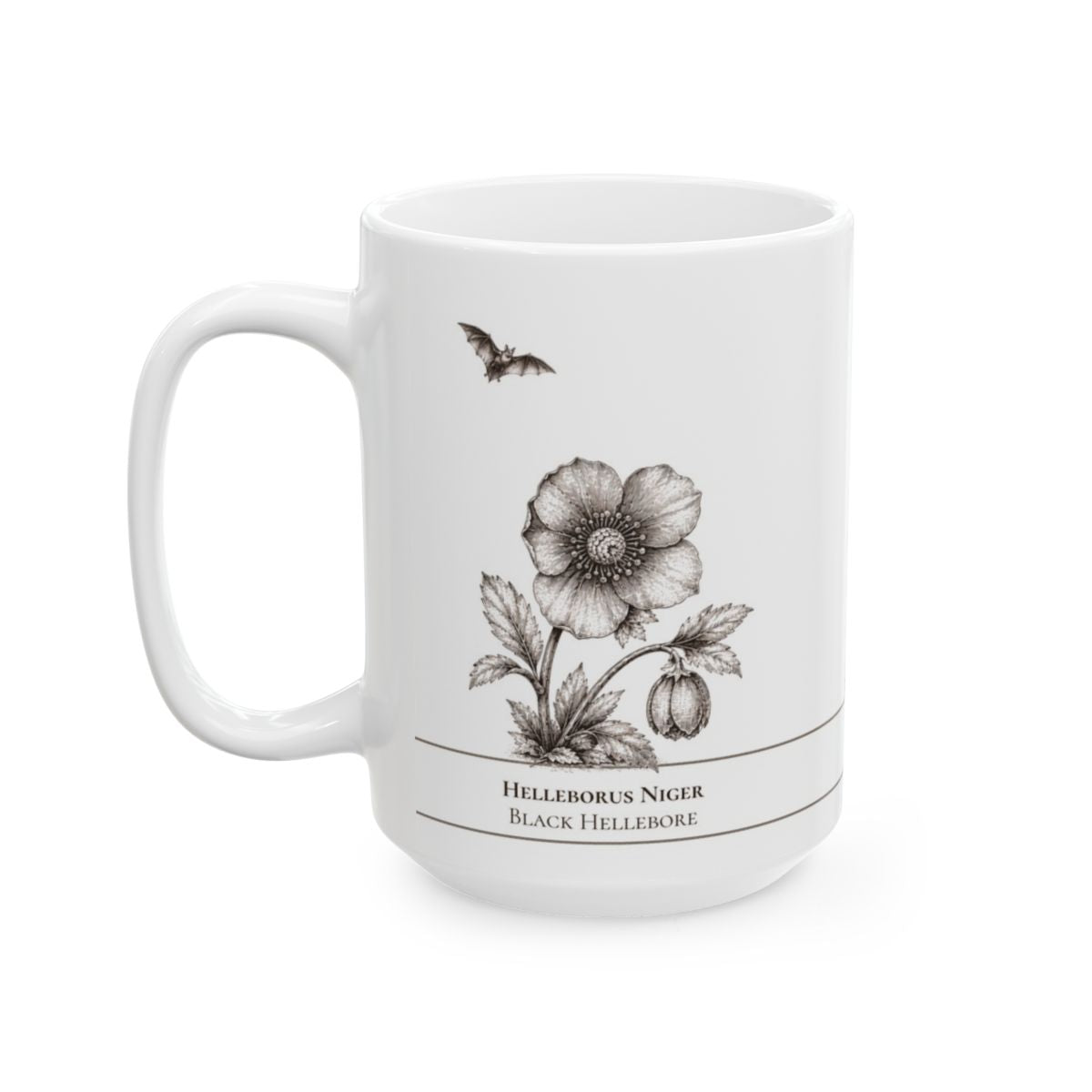 Hellebore moonlit Halloween personalized ceramic mug, 15oz left side view