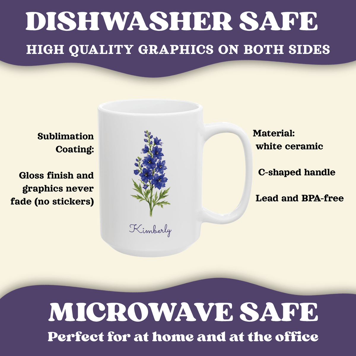 Larkspur birth flower personalized ceramic mug, 11oz, left side view.