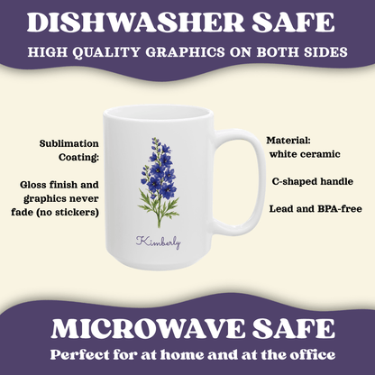 Larkspur birth flower personalized ceramic mug, 11oz, left side view.