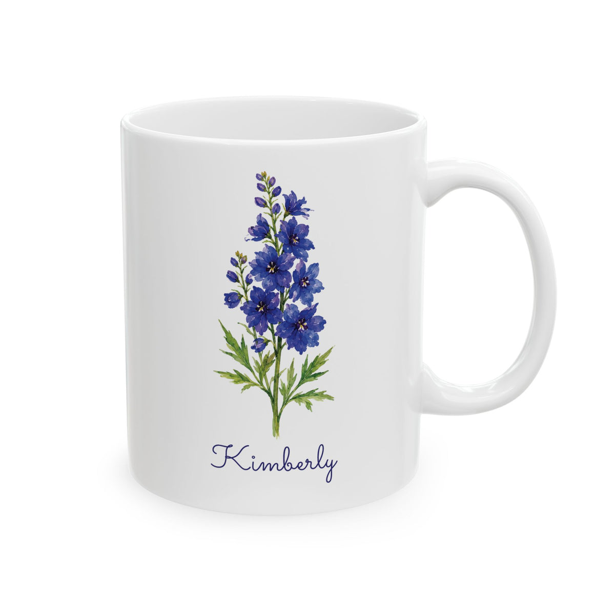 Larkspur birth flower personalized ceramic mug, 11oz, right side view.