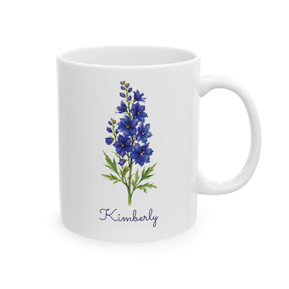 Larkspur birth flower personalized ceramic mug, 11oz, right side view.