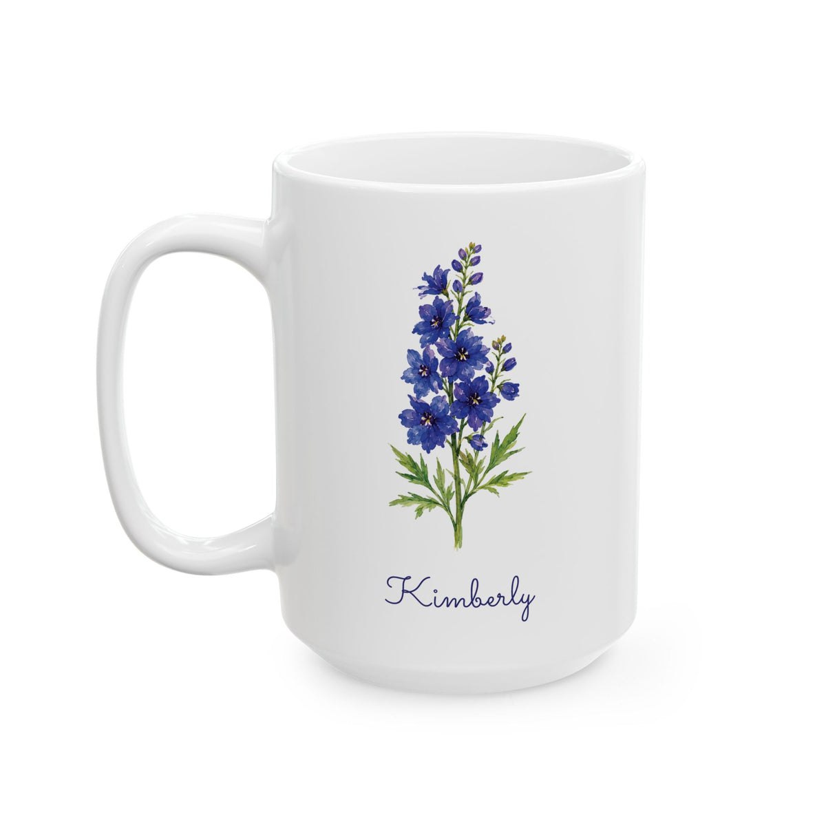 Larkspur birth flower personalized ceramic mug, 15oz, left side view.