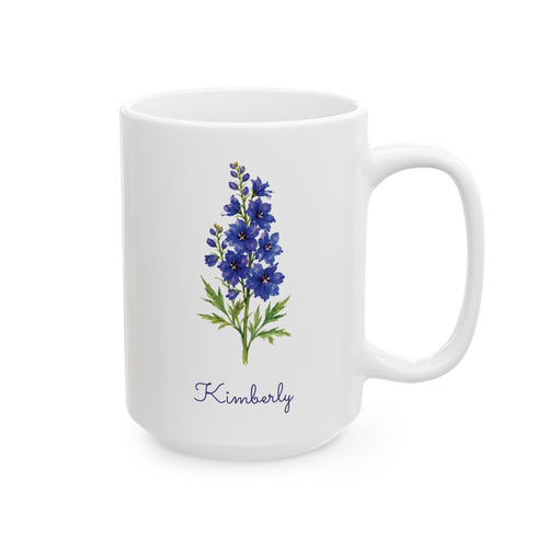 Larkspur birth flower personalized ceramic mug, 15oz, right side view.
