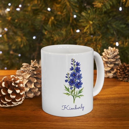 Larkspur birth flower personalized ceramic mug, additional lifestyle view.