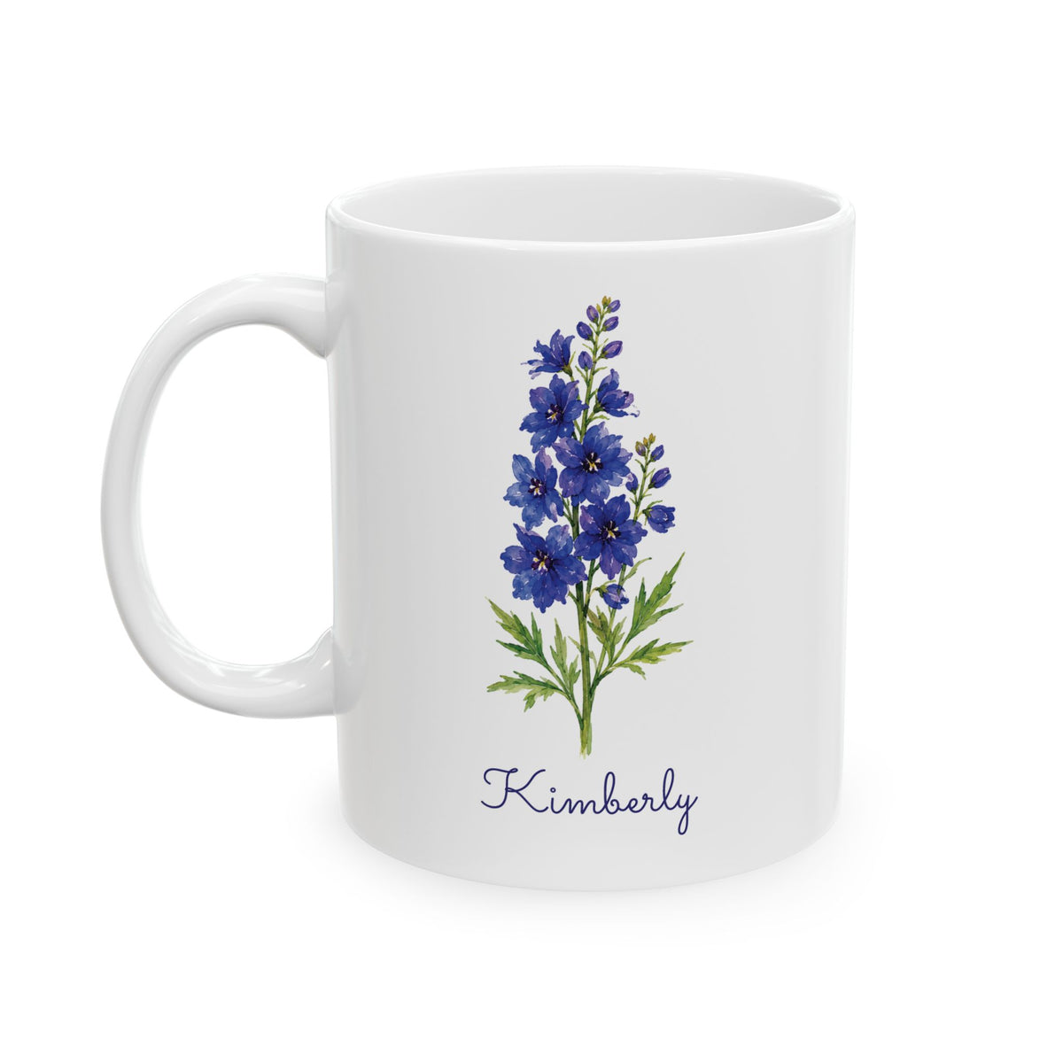 Larkspur birth flower personalized ceramic mug, 11oz, left handle view