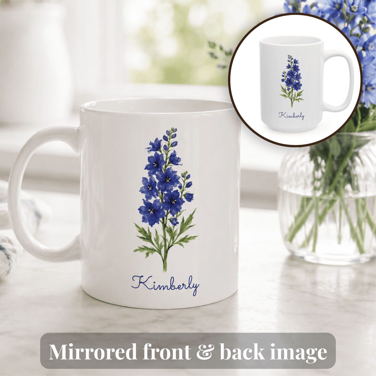 Larkspur birth flower personalized ceramic mug. Circular inset shows the other side of the mug with mirrored flower image.