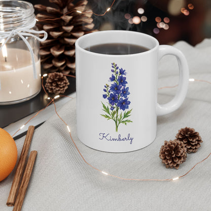 Larkspur birth flower personalized ceramic mug, size comparison chart, 11oz and 15oz.