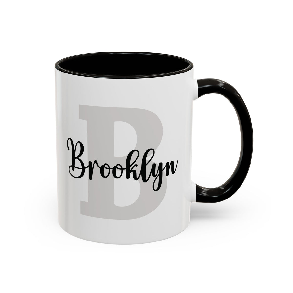 Personalized layered name and initial ceramic mug 11oz with a black accent inside and handle, studio product photo. Right handle view