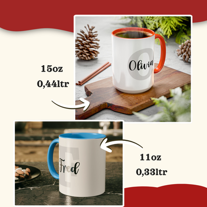 Two lifestyle photo's of personalized layered name and initial ceramic mug in 11oz and 15oz size.