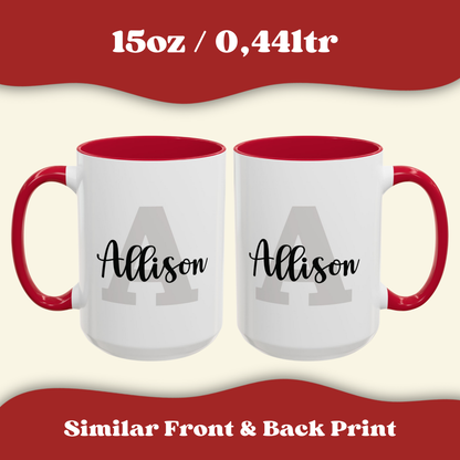 Two personalized layered name and initial ceramic mugs 15oz, with a colorful  red accent handle, showoing similar back and front side. Dishwasher and microwave safe.
