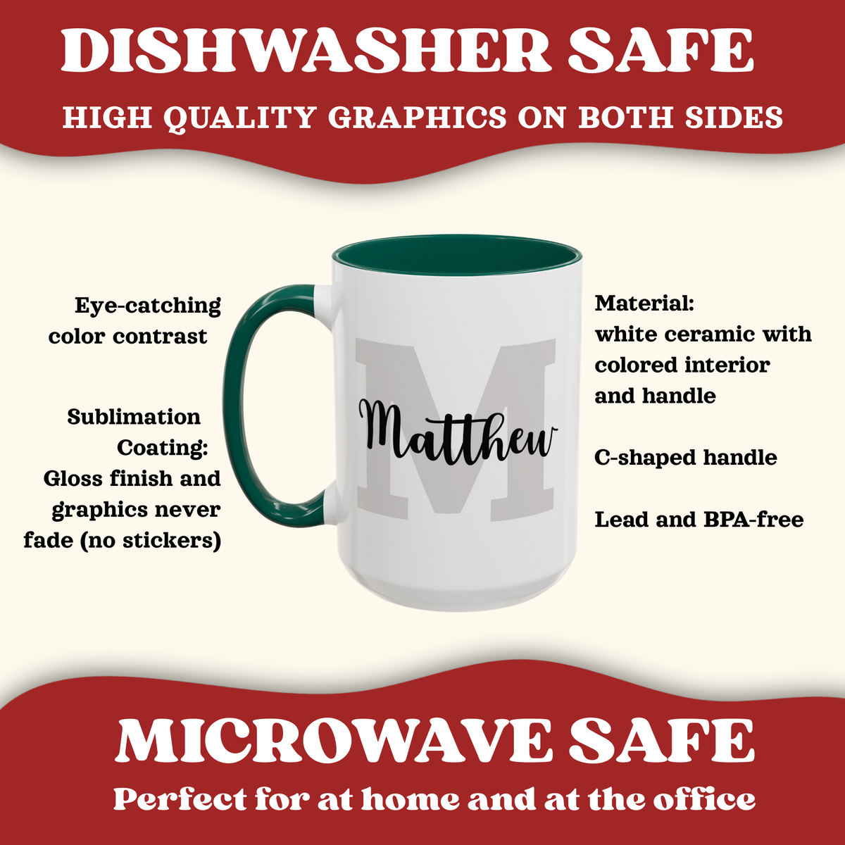 Features of personalized layered name and initial ceramic mug.