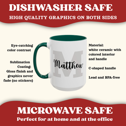Features of personalized layered name and initial ceramic mug.