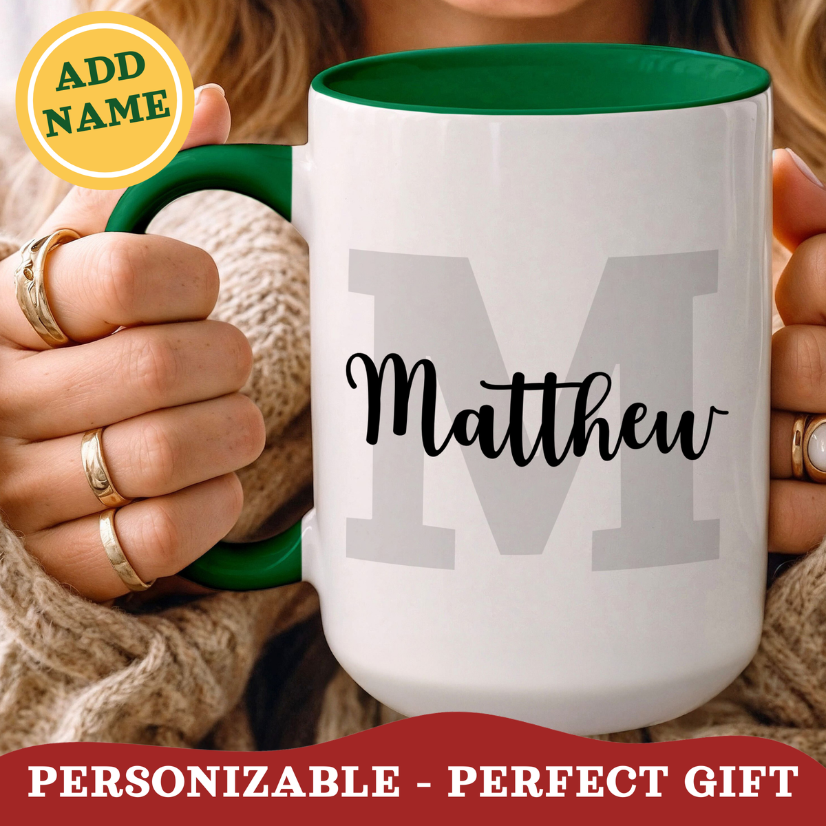 Personalized layered name and initial ceramic 15oz mug with a colorful green accent handle and inside, handheld by woman.