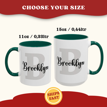 Size comparison of a 11oz and 15oz personalized layered name and initial ceramic mug with colorful green accent handle and inside.
