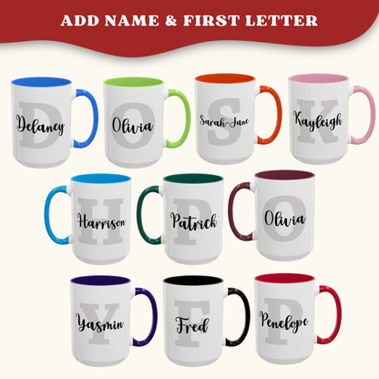 Examples of monogram mugs with different initials, names and mug colors.