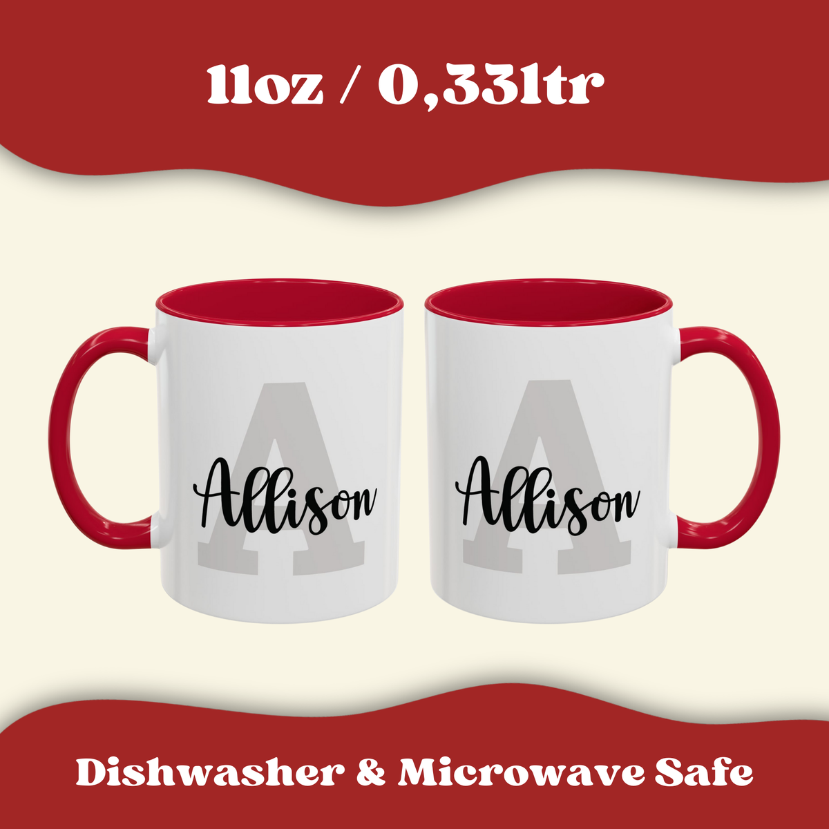 Two personalized layered name and initial ceramic mugs 11oz, with a colorful  red accent handle, showoing similar back and front side. Dishwasher and microwave safe.