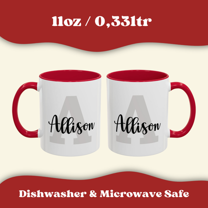 Two personalized layered name and initial ceramic mugs 11oz, with a colorful  red accent handle, showoing similar back and front side. Dishwasher and microwave safe.
