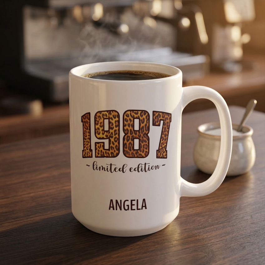 A white ceramic 15oz coffee mug with '1987 limited edition' and the name 'ANGELA' printed on it, filled with coffee and set on a wooden table in a cafe setting.