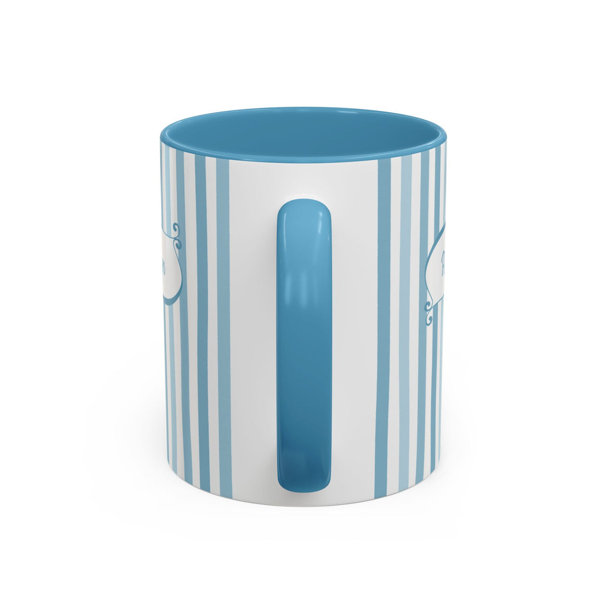 Handle view of a white ceramic 11oz mug with vertical light blue stripes, a solid blue handle, and a blue interior, shown on a clean white background.