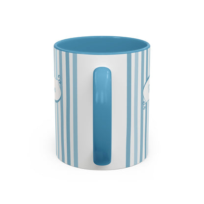 Handle view of a white ceramic 11oz mug with vertical light blue stripes, a solid blue handle, and a blue interior, shown on a clean white background.