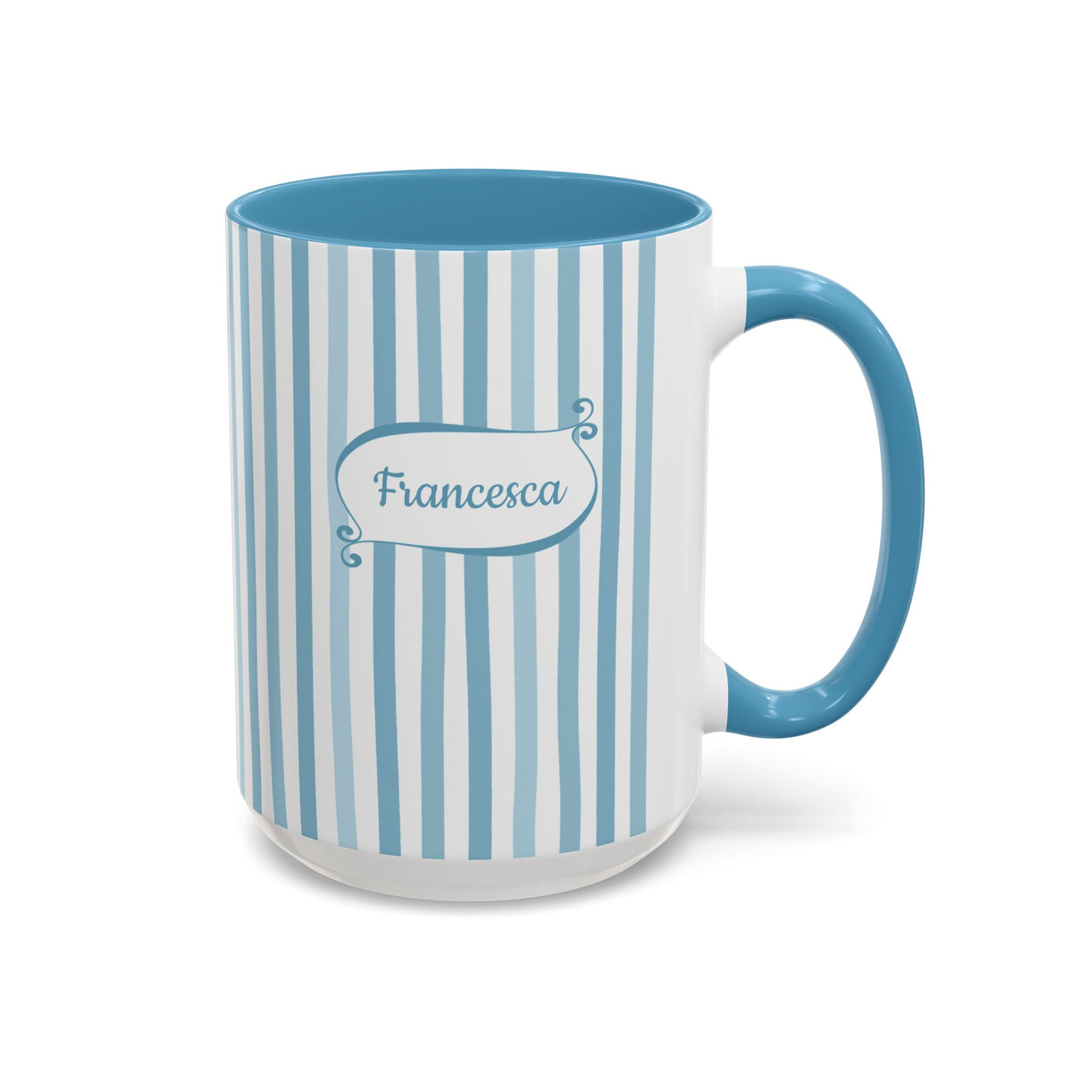 A white ceramic 15oz mug with vertical light blue stripes, a solid blue handle and interior, and a blue label on the front that reads 'Francesca'. Right handle view.