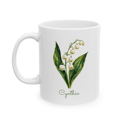 Lily of the Valley birth flower personalized ceramic mug, 11oz left side view