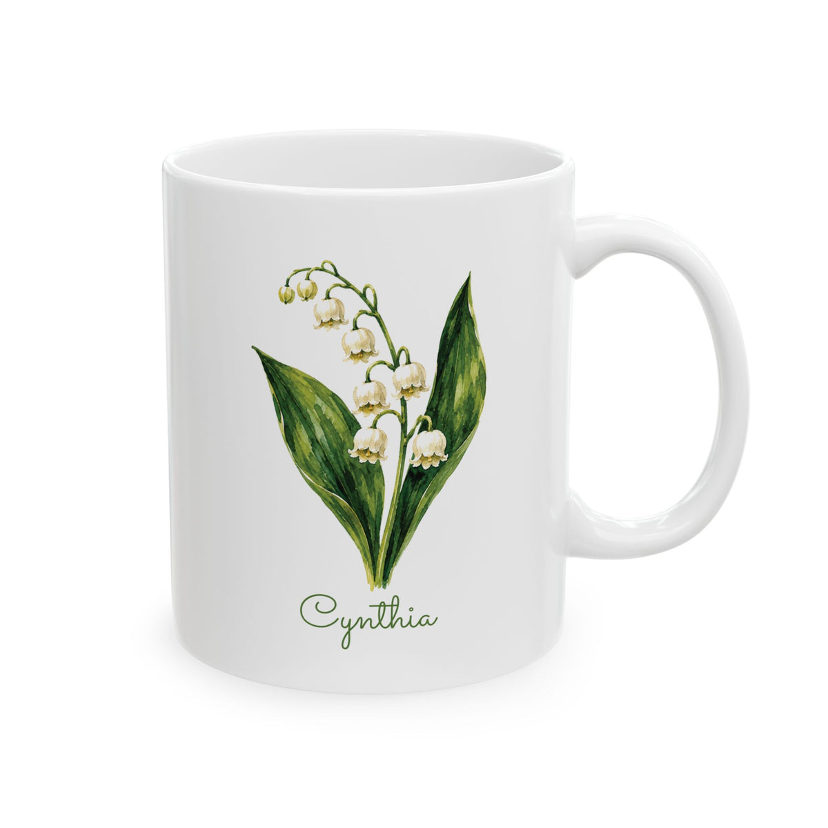 Lily of the Valley birth flower personalized ceramic mug, 11oz right side view