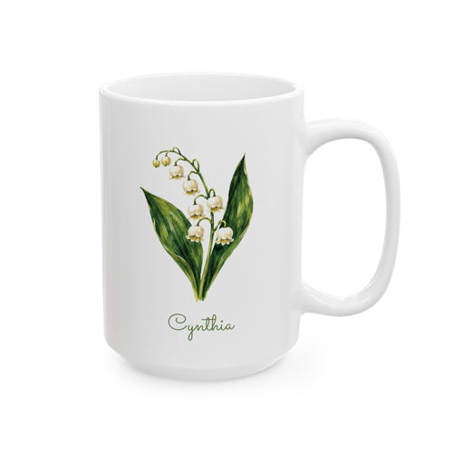 Lily of the Valley birth flower personalized ceramic mug, 15oz, right side view.