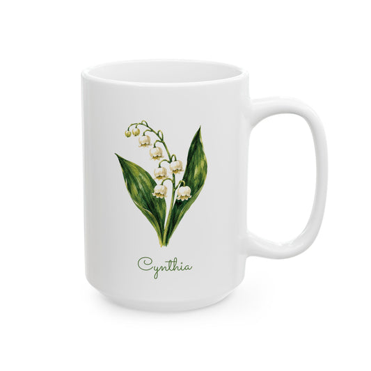 Lily of the Valley birth flower personalized ceramic mug, 15oz, right side view.