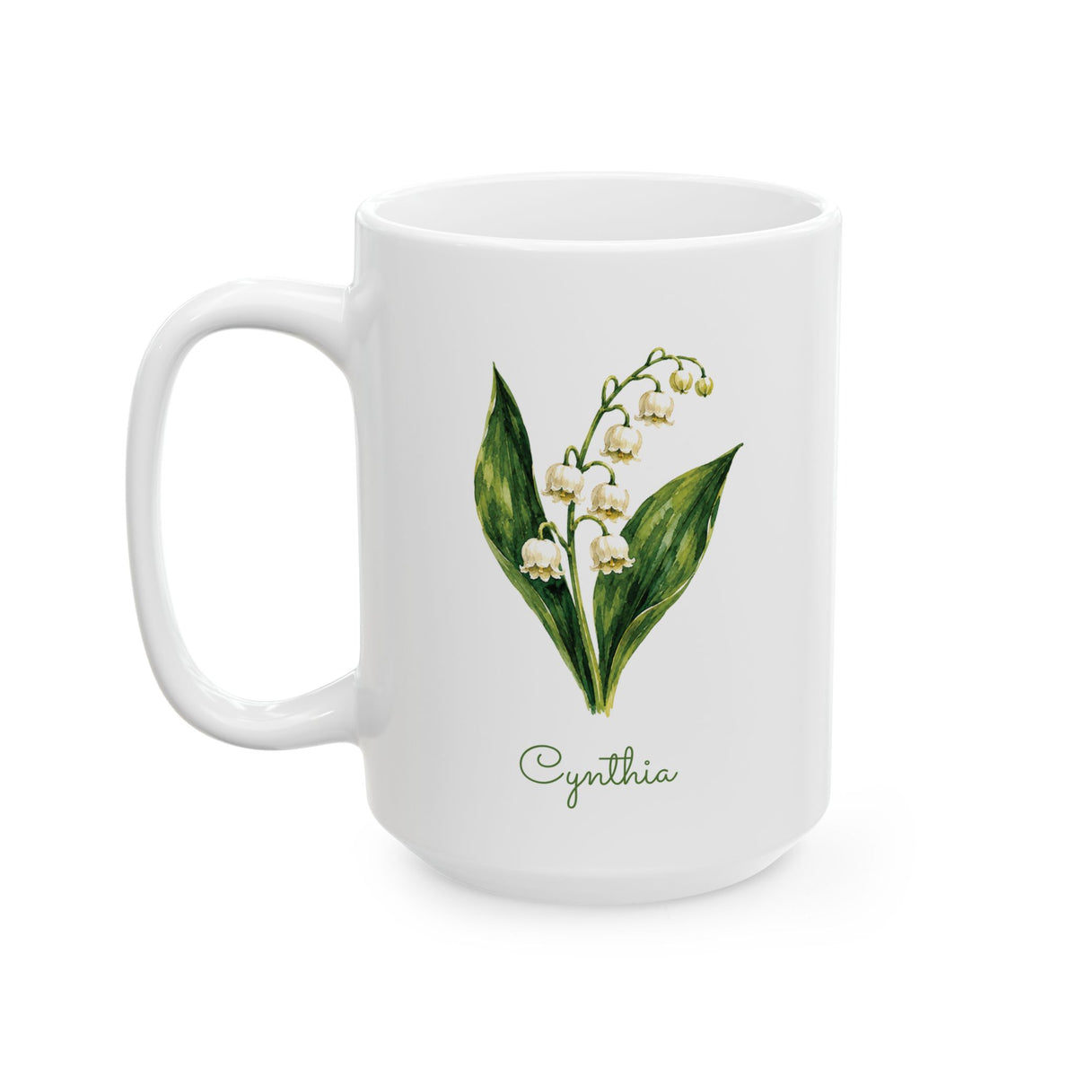 Lily of the Valley birth flower personalized ceramic mug, 15oz, left side view