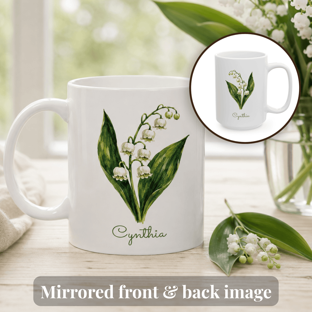 Lily of the Valley birth flower personalized ceramic mug. Circular inset shows the other side of the mug with mirrored flower image.