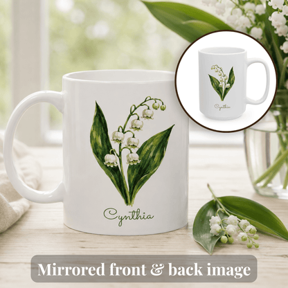 Lily of the Valley birth flower personalized ceramic mug. Circular inset shows the other side of the mug with mirrored flower image.