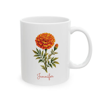 Marigold birth flower personalized ceramic mug, 11oz, right side view.