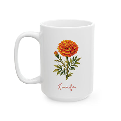 Marigold birth flower personalized ceramic mug, 15oz, left side view.