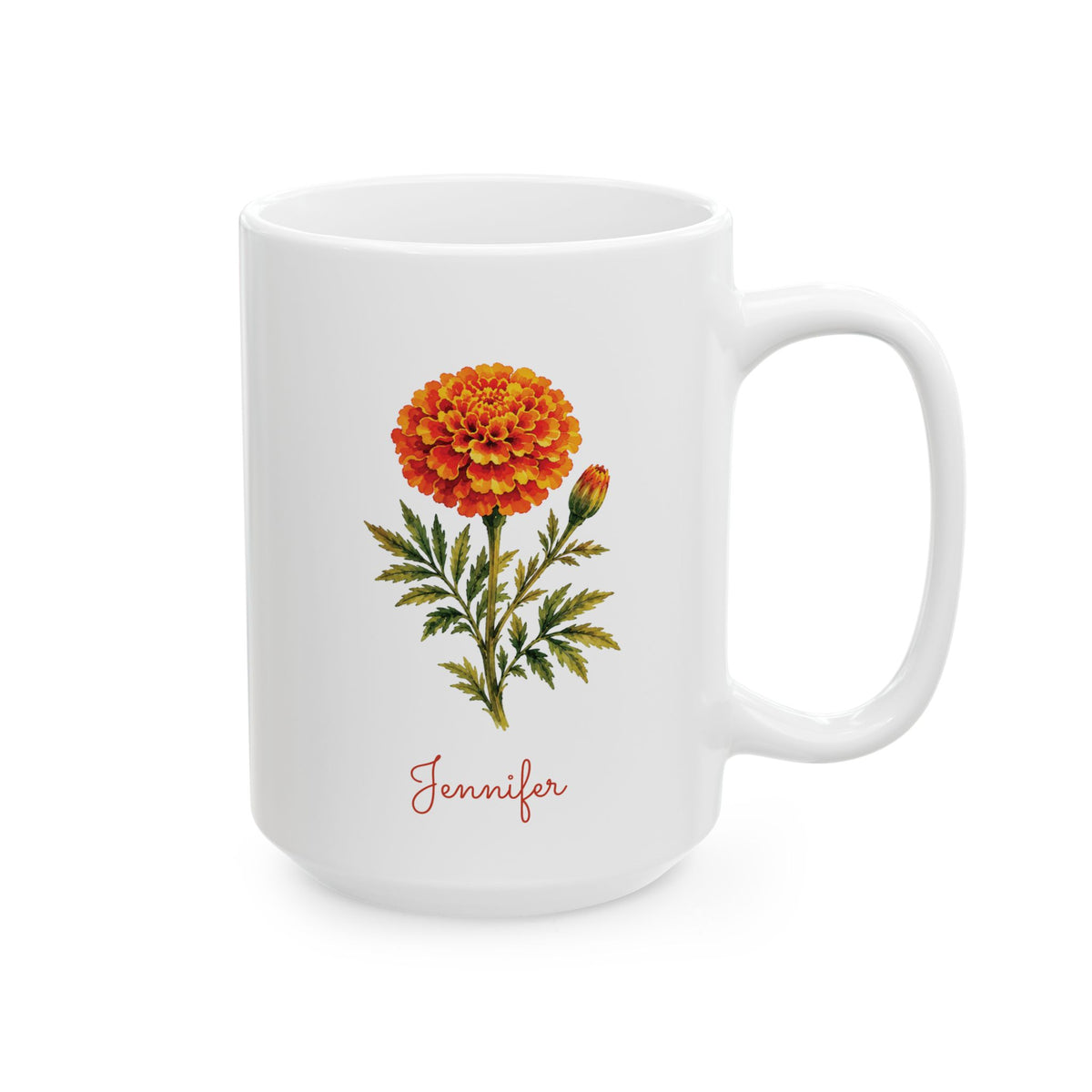 Marigold birth flower personalized ceramic mug, 15oz, right side view.