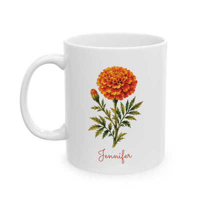 Marigold birth flower personalized ceramic mug, 11oz, left side view.
