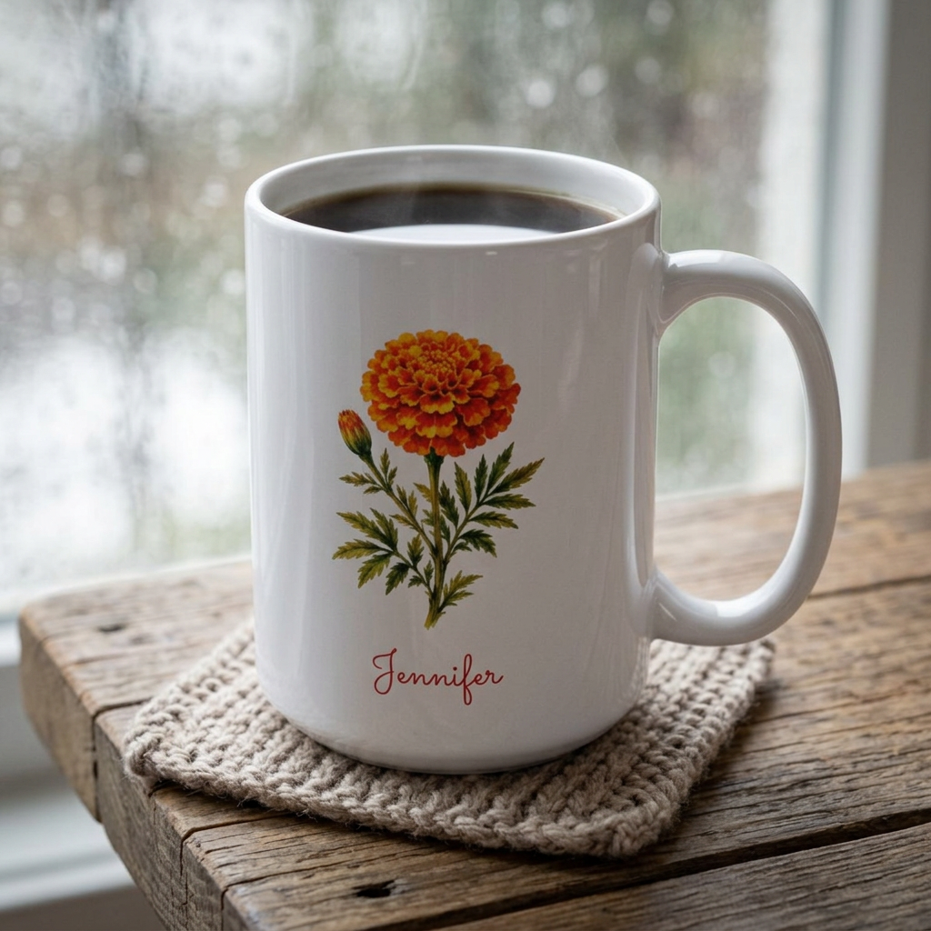 Marigold birth flower personalized ceramic mug, styled on a knitted coaster on a rustic wooden table, rainy window in the background.