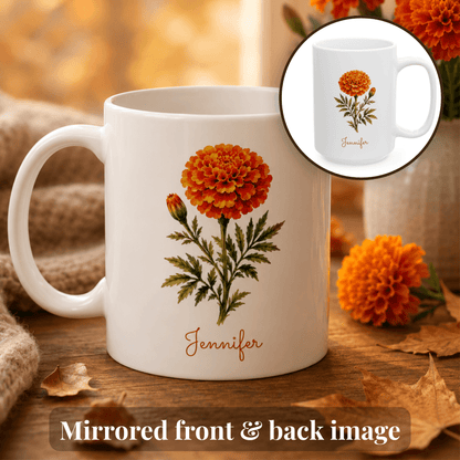 Marigold birth flower personalized ceramic mug. Circular inset shows the other side of the mug with mirrored flower image.