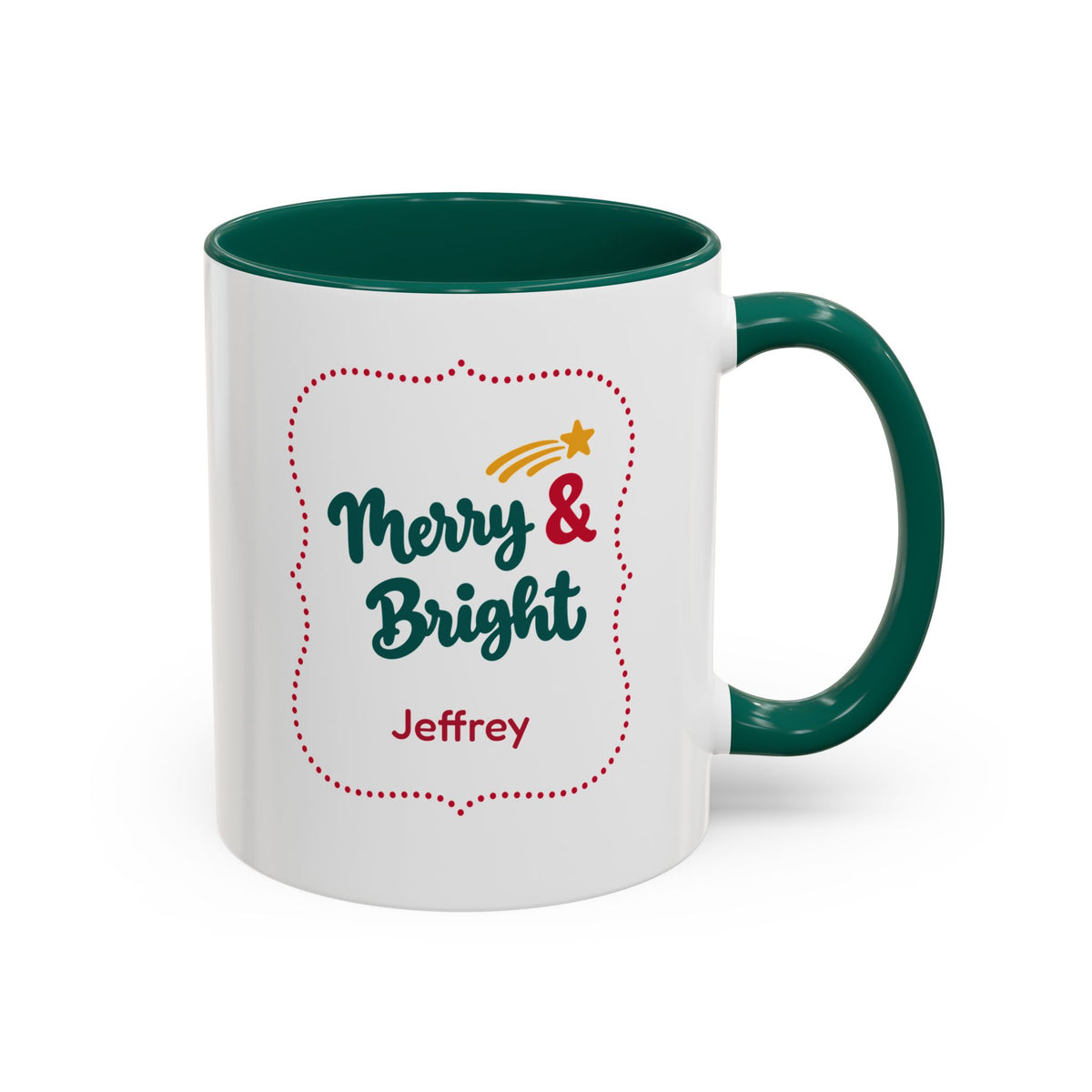 A white ceramic 11oz mug with a dark green handle and interior, featuring a festive graphic in thick script lettering that reads 'Merry & Bright' with a red dotted border, a small yellow shooting star, and the name 'Jeffrey' printed below. Right handle view.