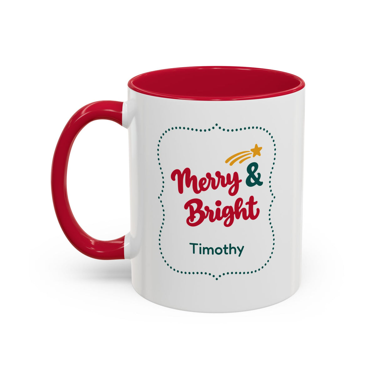 A white ceramic 11oz mug with a red interior and red handle, featuring a 'Merry & Bright' holiday graphic in bold red script lettering, and the personalized name 'Anne-Marie' printed on the front, set against a plain white background. Left handle view.