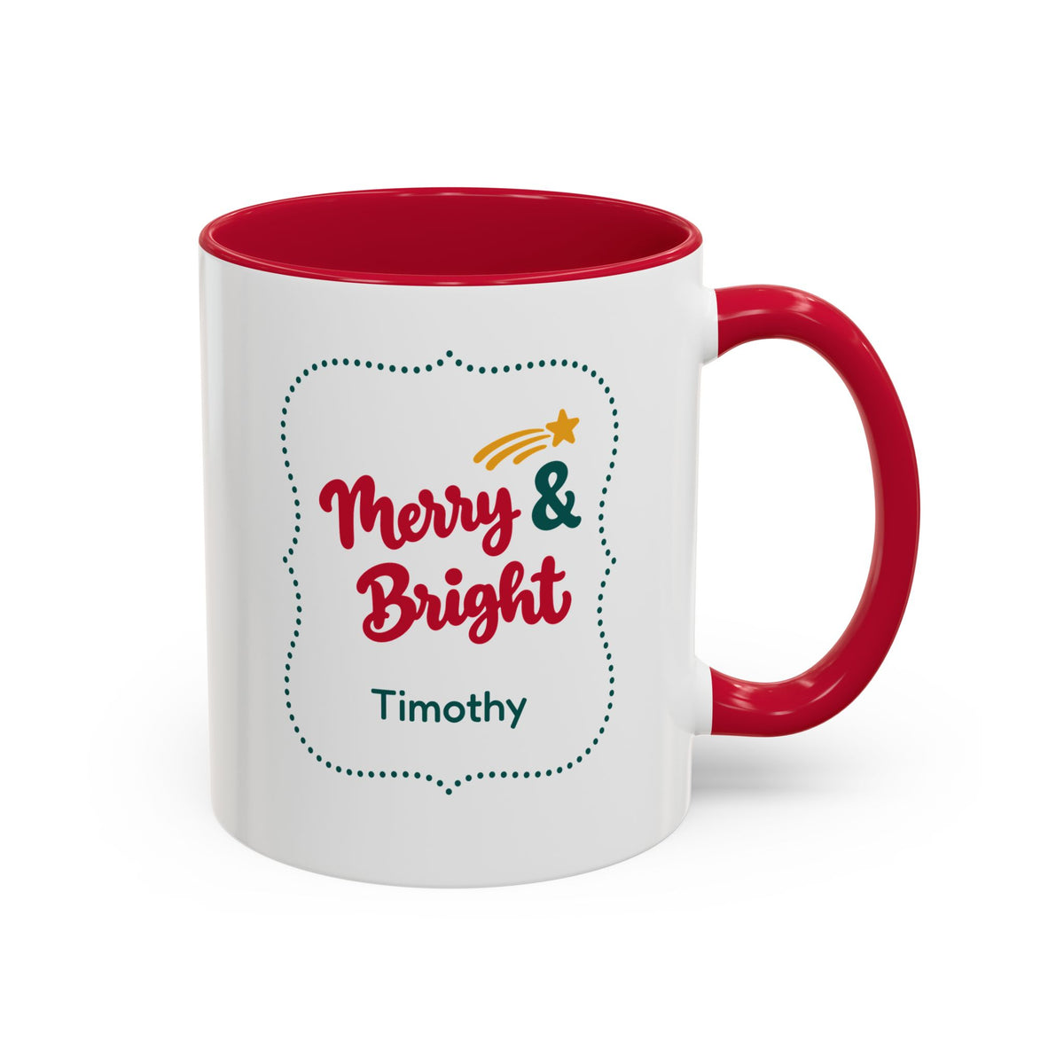 A white ceramic 11oz mug with a red interior and red handle, featuring a 'Merry & Bright' holiday graphic in bold red script lettering, and the personalized name 'Timothy' printed on the front, set against a plain white background. Right handle view.