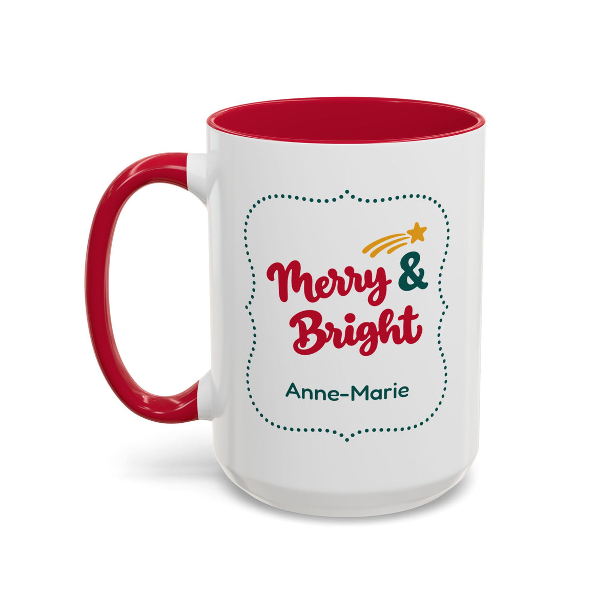 A white ceramic 15oz mug with a red interior and red handle, featuring a 'Merry & Bright' holiday graphic in bold red script lettering, and the personalized name 'Anne-Marie' printed on the front, set against a plain white background. Left handle view.