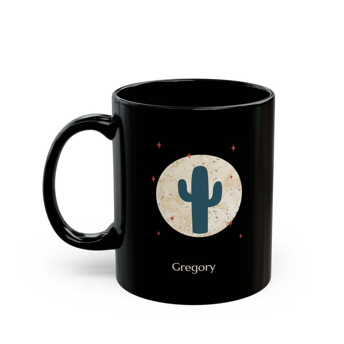A 11oz glossy black ceramic mug, featuring a printed graphic of a teal cactus inside a beige circle with small red stars, and the name 'Gregory' printed below, left handle view.